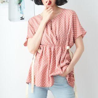Polka Dot Short-sleeve Tie-waist Top