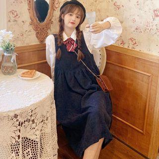 Set: Balloon-sleeve Shirt + Corduroy Overall Dress