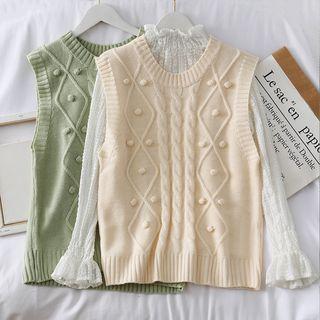 Pompom-accent Cable-knit Vest