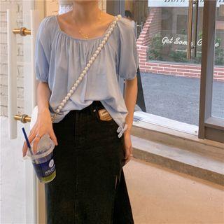 Short-sleeve Square-neck Drawstring Plain Top