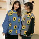 Sunflower Print Knit Vest / Balloon-sleeve Shirt