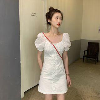 Puff-sleeve Plain Shirred Dress