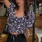Puff-sleeve Floral Print Drawstring Crop Top Blue - One Size