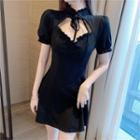 Set: Short-sleeve Mini A-line Dress + Lace Fingerless Gloves Set - Dress - Black - One Size / Glove - Black - One Size