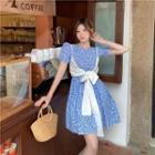 Set: Short-sleeve Floral Mini A-line Dress + Camisole Top