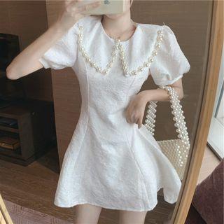 Puff-sleeve Faux Pearl Studded A-line Dress