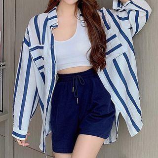 Long-sleeve Striped Shirt / Plain Shorts