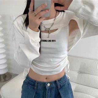 Set: Cropped Sweatshirt + Lettering Print Drawstring Tank Top