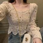 Long-sleeve Square-neck Lace Top As Shown In Figure - One Size