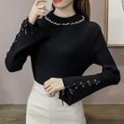 Frill Trim Lace Up Long-sleeve Knit Sweater