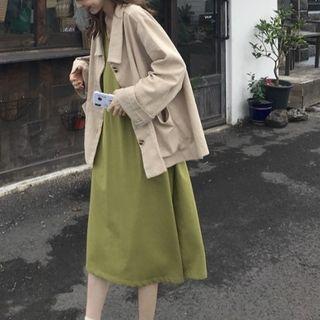 Collared Button Jacket / Side Slit Midi Spaghetti Strap Dress