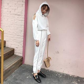 Set: Contrast Trim Cut Out Shoulder Hoodie + Jogger Pants