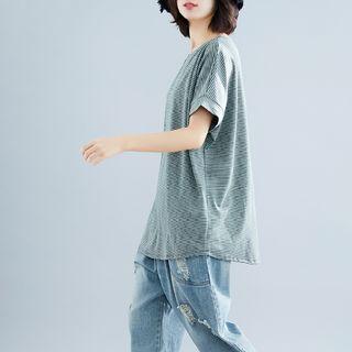 Striped Round-neck Short-sleeve T Shirt Green - Stripe - L