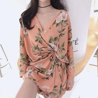Long-sleeve Floral Print Chiffon Tunic Orange Pink - One Size