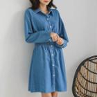 Smocked-detail Denim Mini Shirtdress