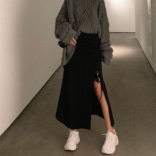 Drawstring Slit Midi Pencil Skirt