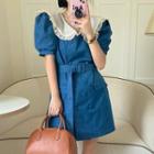 Short-sleeve Sailor Collar Double-breasted Belted Sheath Dress Denim Blue - One Size