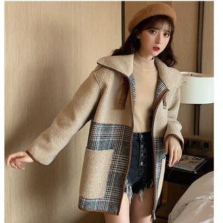 Plaid Panel Zip Jacket Camel - One Size