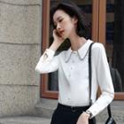 Contrast Trim Chiffon Shirt / Ruffle Hem Straight-fit Skirt / Cropped Straight-fit Pants