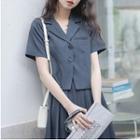Set: Short-sleeve Blouse + Pleated Mini A-line Skirt