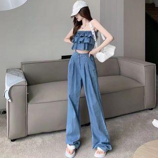 Set: Ruffle Denim Tube Top + Wide Leg Jeans