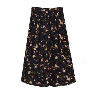 Flower Print Cropped Wide-leg Pants Pink Flower - Dark Blue - One Size