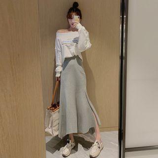Boatneck Printed Top / Asymmetric A-line Skirt
