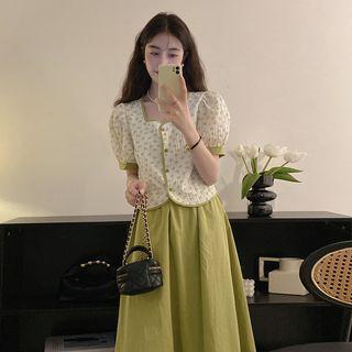 Square-neck Floral Print Top + Plain Midi Skirt