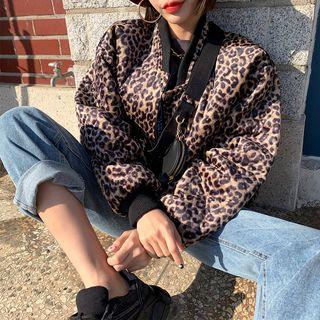 Fleece-lined Leopard Quilted Bomber Jacket Brown - One Size