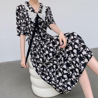 Elbow-sleeve Lace Chiffon Dress