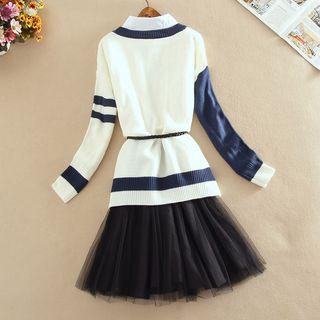 Set: Color Block Sweater + Collared Long-sleeve A-line Dress