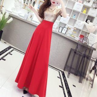 Crew-neck Short-sleeve Maxi A-line Dress