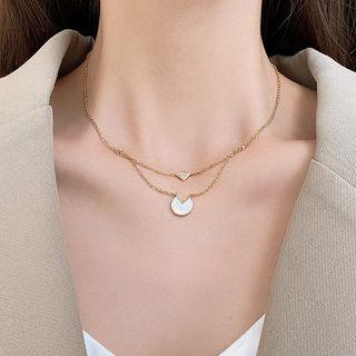 Stainless Steel Geometric Pendant Layered Necklace Fx175 - 1pc - Gold & White - One Size