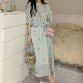 Set: Puff-sleeve Floral Printed Cropped Top + High-waist Maxi Skirt