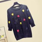 Elbow-sleeve Heart Appliqued Sweater Black - One Size