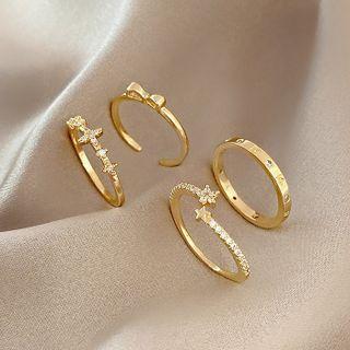 Set Of 4: Bow / Rhinestone / Star Alloy Open Ring (various Designs) J540 - Set Of 4 - Gold - One Size