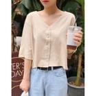 Deep- V-neck 3/4-sleeve Linen Blend Shirt