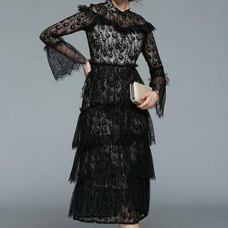 Lace Long Sleeve Tiered Midi Dress