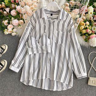Set: Pinstripe Bralette + Pocket-front Pinstripe Long-sleeve Shirt White - One Size