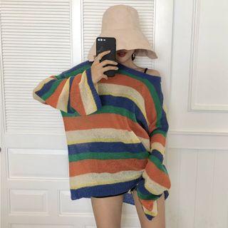 Long-sleeve Striped Knit Top Stripe - One Size