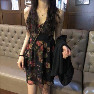 Spaghetti Strap Floral Print Mini Dress / Elbow-sleeve Blazer