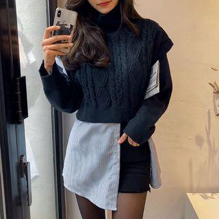 Set : Cable-knit Turtleneck Vest + Knit-sleeve Mandarin Shirt + Belt