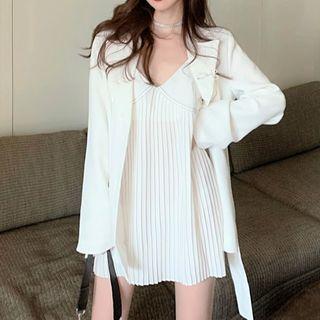 Spaghetti Strap Pleated Chiffon Mini A-line Dress / Single-breasted Blazer