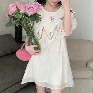 Short-sleeve Flower Embroidered Mini Smock Dress Off-white - One Size