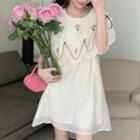 Short-sleeve Flower Embroidered Mini Smock Dress Off-white - One Size