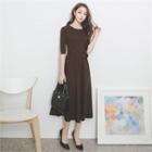 Elbow-sleeve Tie-waist Knit Dress