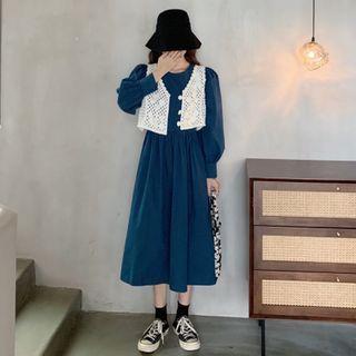 Long-sleeve Midi A-line Dress / Buttoned Knit Vest