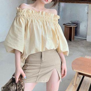 Off-shoulder Ruffled Plain Blouse Shirt - Light Yellow - One Size