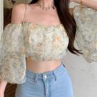 3/4-sleeve Off-shoulder Floral Print Crop Top Light Yellow Floral - Light Grayish Green - One Size