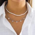 Set: Disc Alloy Fringed Necklace + Faux Pearl Necklace